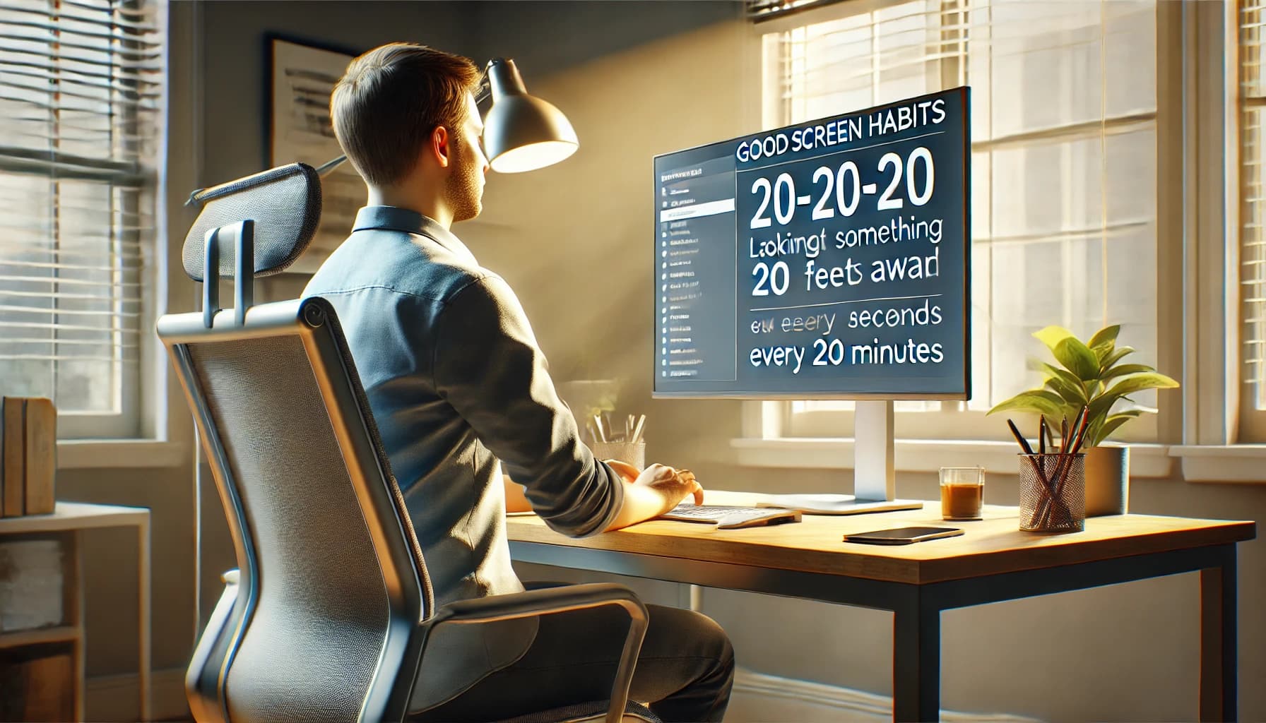 Person practicing good screen habits while working on a computer